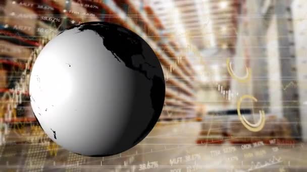 Animazione Del Globo Elaborazione Dei Dati Finanziari Magazzino Trasporto Globale — Video Stock