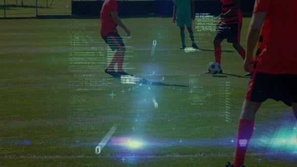 Animatie Van Gegevensverwerking Voetballers Wereldwijde Sport Digitale Interface Technologie Netwerkconcept — Stockvideo