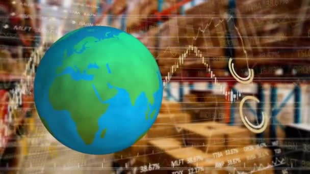 Animación Globo Procesamiento Datos Financieros Través Almacén Envío Global Negocio — Vídeos de Stock