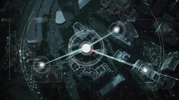 Animation Des Netzwerks Von Verbindungen Mit Symbolen Über Dem Stadtbild — Stockvideo