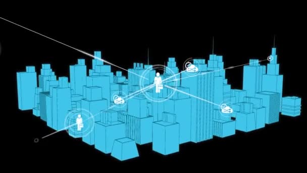 Animazione Rete Connessioni Con Icone Sopra Disegno Città Business Globale — Video Stock
