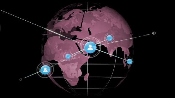 Animação Rede Conexões Com Ícones Globo Fundo Preto Negócio Global — Vídeo de Stock