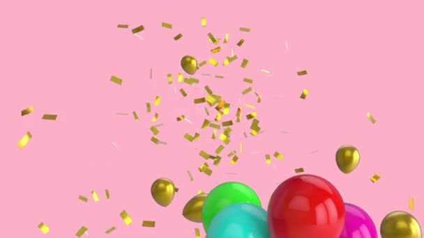 Animation Confettis Dorés Tombant Avec Des Ballons Colorés Sur Fond — Video