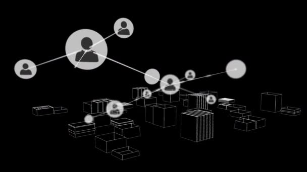 Animazione Rete Connessioni Con Icone Sopra Città Disegno Sfondo Nero — Video Stock