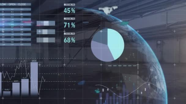 Animatie Van Gegevensverwerking Met Wereldbol Magazijn Mondiaal Concept Voor Gegevensverwerking — Stockvideo