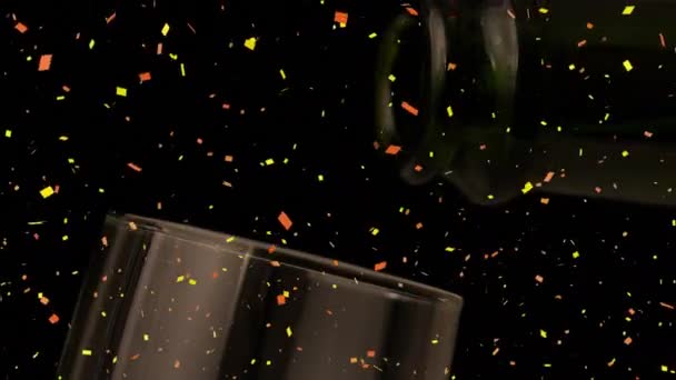 Animatie Van Confetti Die Valt Champagne Die Glas Wordt Gegoten — Stockvideo