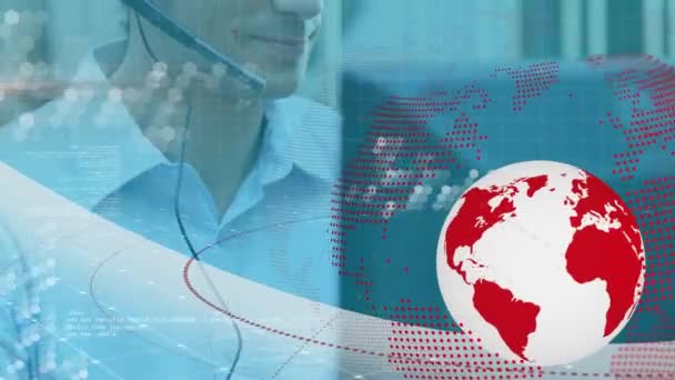 环球对高加索男性客户服务主管穿着手机耳机在办公室工作 全球商业和联网技术概念 — 图库视频影像