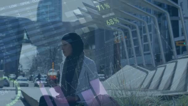 Animación Estadísticas Procesamiento Datos Sobre Mujer Hijab Usando Smartphone Procesamiento — Vídeos de Stock