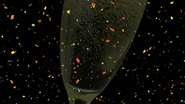 Animatie Van Confetti Vallen Champagne Glas Zwarte Achtergrond Feest Feest — Stockvideo