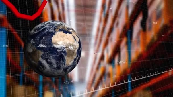 Animación Globo Línea Roja Sobre Almacén Envío Global Negocio Tecnología — Vídeos de Stock