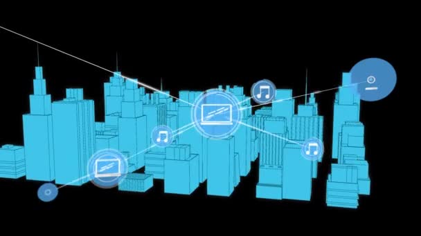 3D城市绘图中图标连接网络的动画化 全球商业 数字接口 技术和网络概念 — 图库视频影像