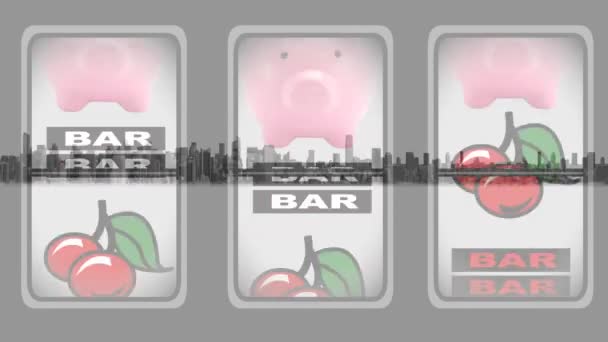 都市の上のカジノフルーツマシンのアニメーション ギャンブルカードゲームエンターテイメントコンセプトデジタルで生成されたビデオ — ストック動画