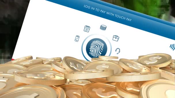 Animation Biometrischer Bezahlsymbole Mit Goldmünzen Amerikanischer Dollars Globales Geschäft Finanzen — Stockvideo