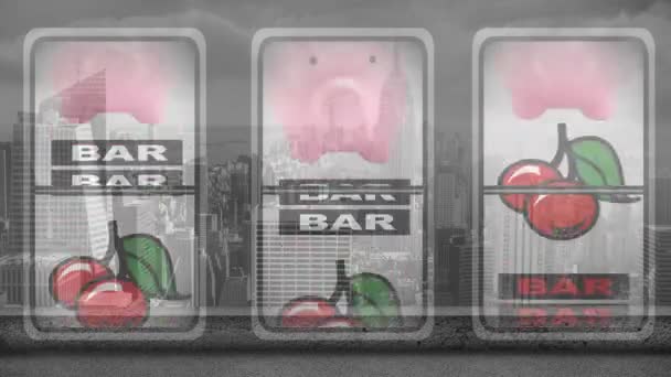 都市の上のカジノフルーツマシンのアニメーション ギャンブルや娯楽や遊びの概念をデジタルで生成し — ストック動画