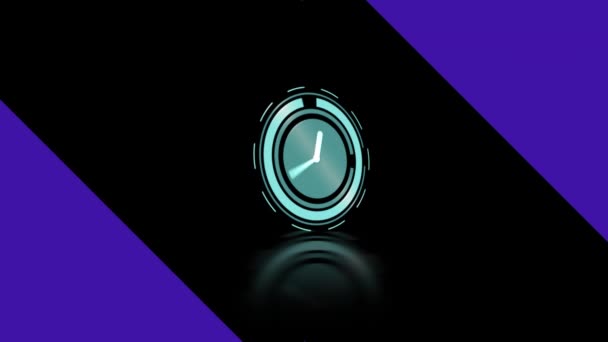黒い背景に回転手と紫色の形を持つ時計のアニメーション 地球規模の通信 時間とデジタルインターフェース技術の概念 デジタルで生成されたビデオ — ストック動画