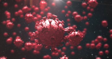 Siyah arka planda sıvı içinde yüzen makro Coronavirus Covid-19 hücrelerinin resmi. Halk sağlığı salgını Coronavirus Covid 19 salgın konsepti dijital olarak üretildi. 4k
