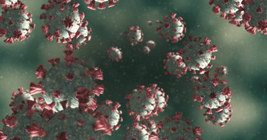 Gri arkaplanda sıvı içinde yüzen makro Coronavirus Covid-19 hücrelerinin görüntüsü. Halk sağlığı salgını Coronavirus Covid 19 salgın konsepti dijital olarak üretildi. 4k