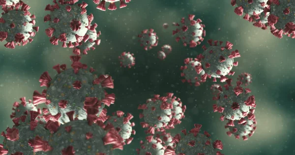 灰色の背景に液体に浮かぶマクロコロナウイルスCovid 19細胞の画像 医学公衆衛生パンデミックコロナウイルスCovid 19感染症の概念はデジタル画像を生成します — ストック写真