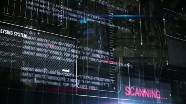 Şehir manzarası üzerinde veri işleme animasyonu. küresel veri işleme, dijital arayüz, teknoloji ve ağ konsepti dijital olarak oluşturulmuş video.