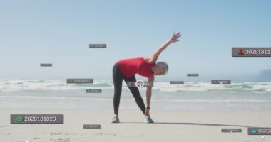Sahilde egzersiz yapan bir kadın hakkında sosyal medya bildirimleri. pozitif duygular ve refah sosyal medya konsepti, dijital olarak oluşturulmuş video.