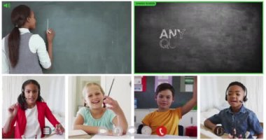 Animasyon video ekranları karatahta ekranları, çeşitli öğretmenler ve çocuklar çevrimiçi ders alıyorlar. küresel iletişim teknolojisi ve çevrimiçi eğitim konsepti, dijital olarak oluşturulmuş video.