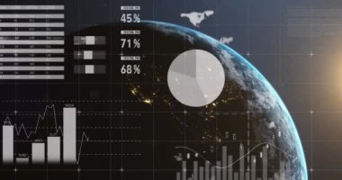 Tüm dünyada istatistik ve finansal veri işleme animasyonları. küresel iş, dijital arayüz, teknoloji ve ağ konsepti dijital olarak oluşturulmuş video.