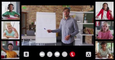 Çevrimiçi derste çeşitli erkek öğretmenler ve altı çocukla video arayüzü. küresel iletişim teknolojisi ve çevrimiçi eğitim konsepti, dijital olarak oluşturulmuş video.