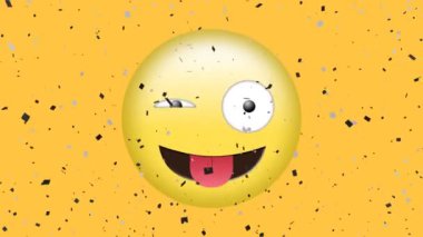 Konfetilerin düşüşünün animasyonu sarı arka planda sıkışmış dil kırpan emoji. Sosyal medya, kutlama, olay ve iletişim ağı konsepti dijital olarak oluşturulmuş video.