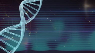 Bağlantılar ağının üzerinde dönen DNA ipliklerinin animasyonu. küresel bağlantılar, dijital arayüz, teknoloji ve ağ konsepti dijital olarak oluşturulmuş video.