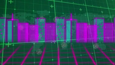 Şehir manzarası ile veri işleme animasyonu. küresel bağlantılar, teknoloji, dijital arayüz ve bağlantılar konsepti dijital olarak oluşturulmuş video.