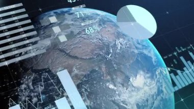 Veri işleme ve dünya üzerindeki istatistiklerin animasyonu. küresel bağlantılar, iş dünyası, dijital arayüz, teknoloji ve ağ konsepti dijital olarak oluşturulmuş video.