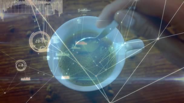 Animation Des Netzwerks Von Verbindungen Bei Einer Tasse Kaffee Globale — Stockvideo