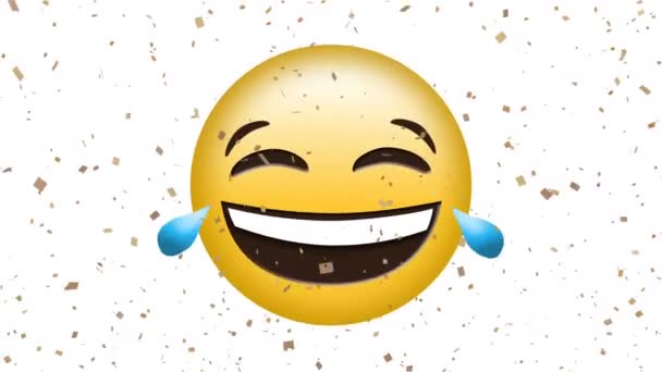 Animazione Del Sorriso Icona Emoji Con Coriandoli Cadenti Sfondo Bianco — Video Stock