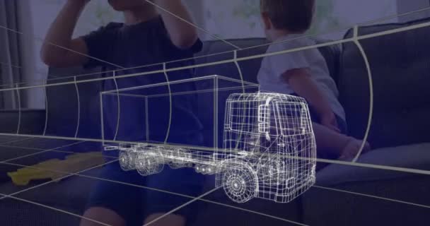 Animace Technické Výkresu Kamionu Nad Chlapcem Doma Sluchátky Technologie Design — Stock video