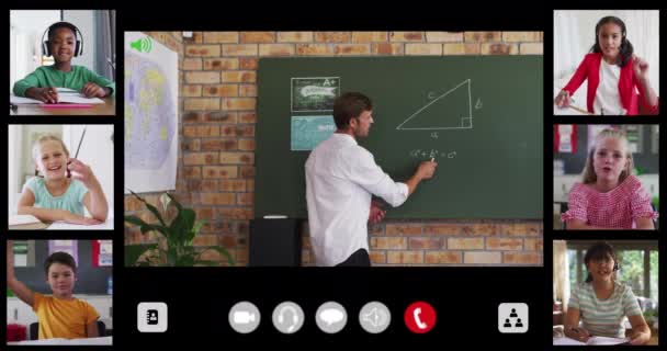 Композитний Інтерфейс Відеодзвінків Різними Вчителями Чоловічої Математики Шістьма Дітьми Онлайн — стокове відео