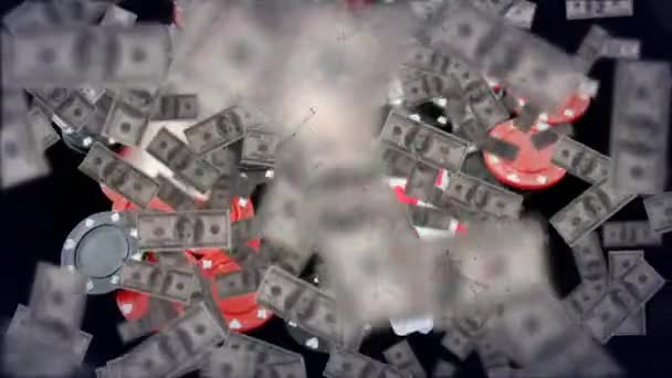 Animatie Van Stijgende Dollarbiljetten Met Speelkaarten Poker Chips Zwart Kansspelen — Stockvideo