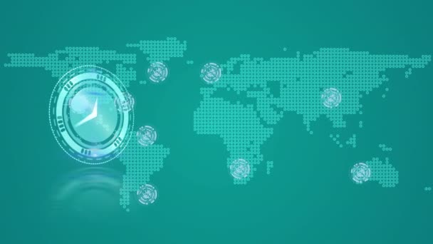 Animação Relógio Sobre Rede Conexões Mapa Mundo Tecnologia Global Interface — Vídeo de Stock