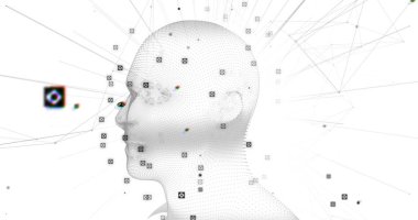 Beyaz arka planda bağlantıları ve veri işleme ağı olan 3D beyaz, parlayan insan kafası modeli. Küresel tıp bilimi araştırma konsepti dijital olarak oluşturulmuş görüntü.