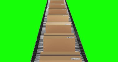 Tek sıra karton kutular yeşil ekran arka planlı taşıma bandı üzerinde hareket ediyor. Kitle sevkiyatı konsepti, dijital olarak oluşturulmuş görüntü.