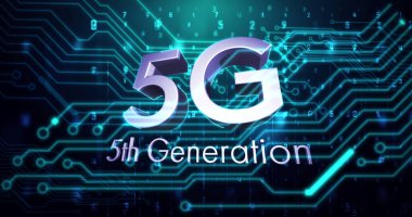 Parlayan bilgisayar devresi elementleri üzerinden 5g 5. nesil metin görüntüsü. küresel ağ bağlantıları ve dijital olarak oluşturulan iletişim konsepti.