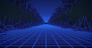 Pırıl pırıl parlayan mavi ızgara tüneli kusursuz döngüde ilerliyor. renk ve hareket kavramı dijital olarak oluşturulmuş görüntü.