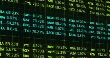 Sarı ve mavi borsa verilerinin bir şebeke üzerinde yuvarlanıp işlenmesi. Küresel ekonomi borsa konsepti dijital kompozisyon