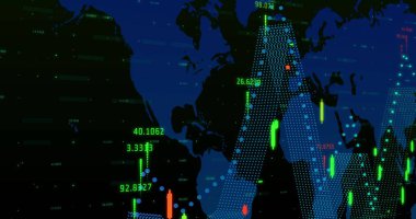Renkli bir grafiğin resmi dünya haritası ve şebeke üzerinde renkli sayılar. Küresel ekonomi borsa konsepti dijital kompozisyon