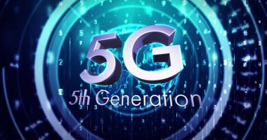 Dönen dünya ve mikroskop taramasından 5G 5. nesil metin görüntüsü. küresel ağ bağlantısı ve dijital olarak oluşturulan iletişim konsepti.