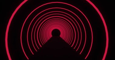 Siyah bir arkaplanda titreşen mavi neon yay tünelinde ilerliyoruz. enerji, elektrik, renk ve hareket konsepti, dijital olarak oluşturulmuş görüntü.