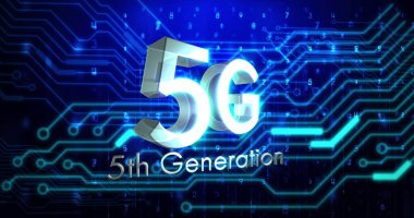 Parlayan bilgisayar devresi elementleri üzerinden 5g 5. nesil metin görüntüsü. küresel ağ bağlantıları ve dijital olarak oluşturulan iletişim konsepti.