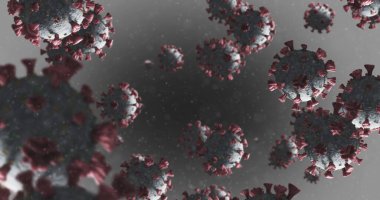 Gri arkaplanda sıvı içinde yüzen makro Coronavirus Covid-19 hücrelerinin görüntüsü. Halk sağlığı salgını Coronavirus Covid 19 salgın konsepti dijital olarak üretildi. 4k