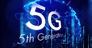 Dünya üzerinde dönen 5g 5. nesil metin görüntüsü. küresel ağ bağlantıları ve dijital olarak oluşturulan iletişim konsepti.
