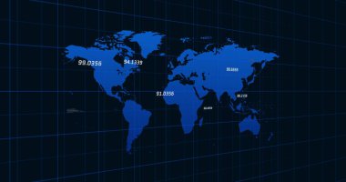 Siyah arkaplanda yükselen mavi sayıların olduğu mavi bir dünya haritası. Küresel ekonomi borsa konsepti dijital kompozisyon