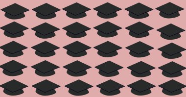 Mor arka planda birden fazla mezuniyet şapkası var. eğitim, okul ve öğrenim kavramı dijital olarak oluşturulmuş imaj.